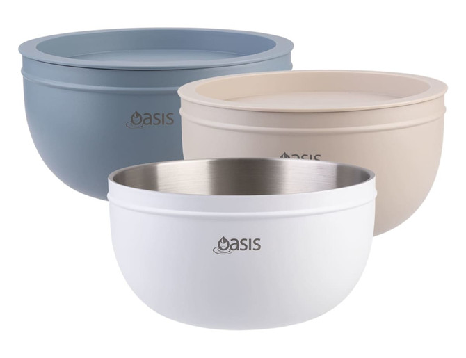 Three salad bowls in blue, beige, and white, featuring double-wall design and logo branding.