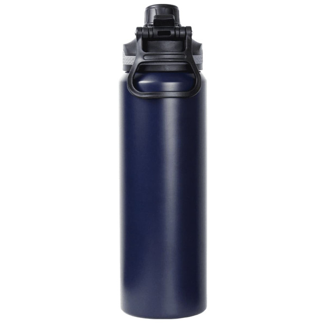 A drink bottle with a double wall design in navy blue, featuring a black screw top lid and a logo.