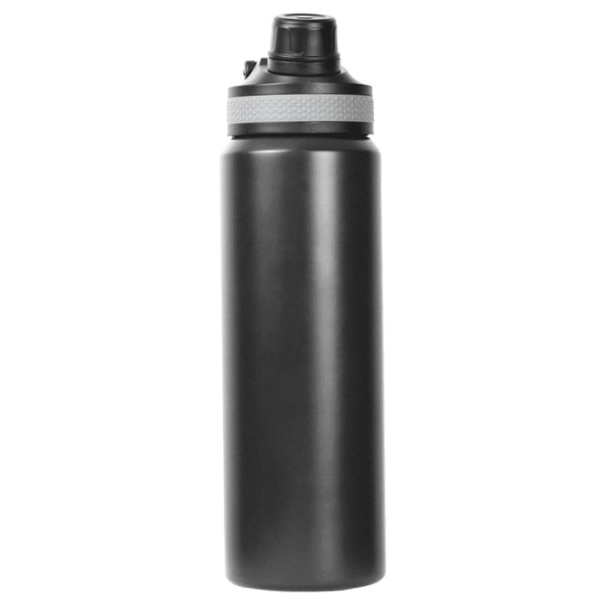 A drink bottle in matte black with a grey band, featuring a screw-on lid and a logo.