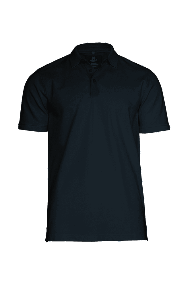 A navy polo shirt with a classic collar and short sleeves, featuring a logo on the chest.
