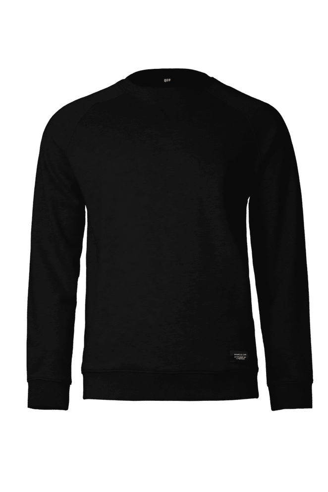 A black sweatshirt featuring raglan sleeves and a small logo on the front.