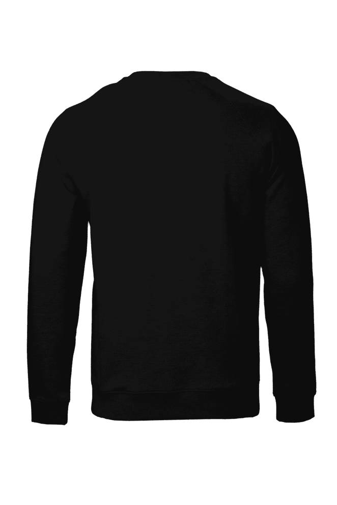 A black sweatshirt with long sleeves and a crew neck, featuring a logo on the back.