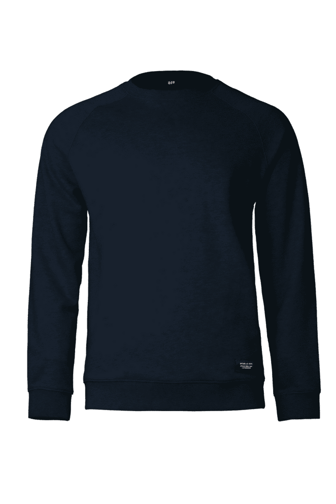 A navy sweatshirt with long sleeves and a round neckline, featuring a logo at the hem.