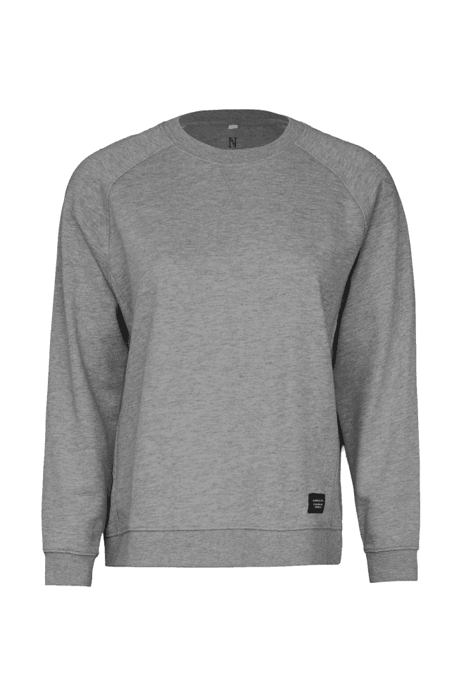 A grey sweatshirt with a relaxed fit, featuring contrasting sleeves and a small logo.