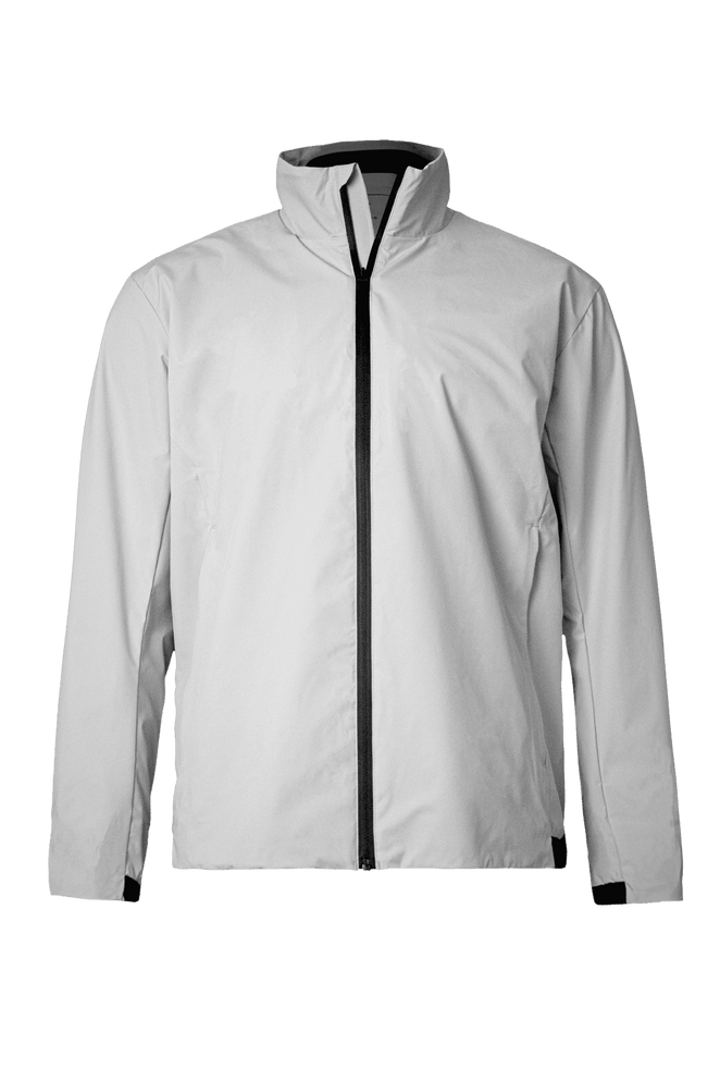 A light grey men's jacket with a high collar and zip front, featuring a logo on the chest.