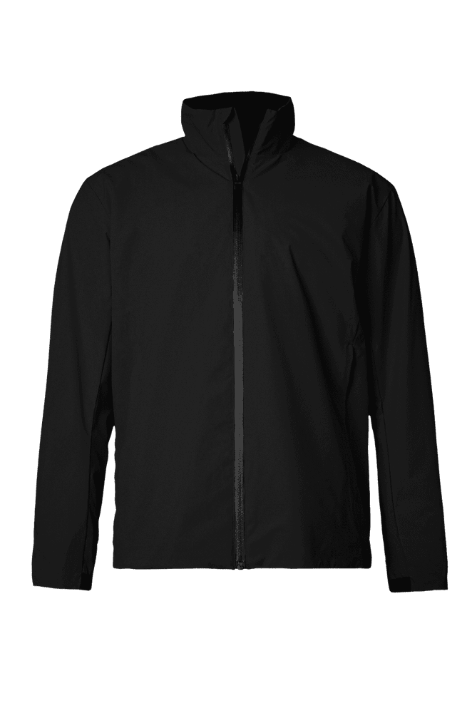 A black men's jacket with a front zipper and a high collar, featuring a logo on the chest.