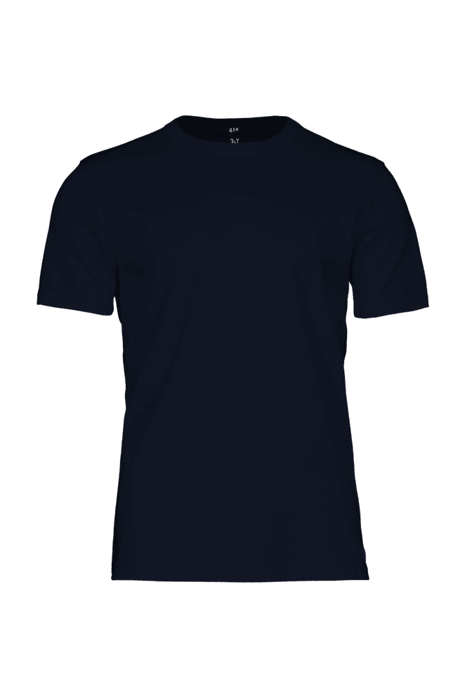 A navy blue men's t-shirt featuring a round neck and short sleeves, with a logo on the upper back.