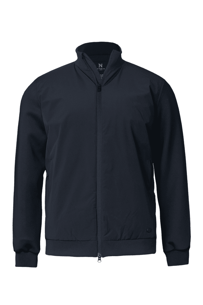 A navy blue hybrid jacket featuring a zip front and a stand-up collar, with a logo on the chest.