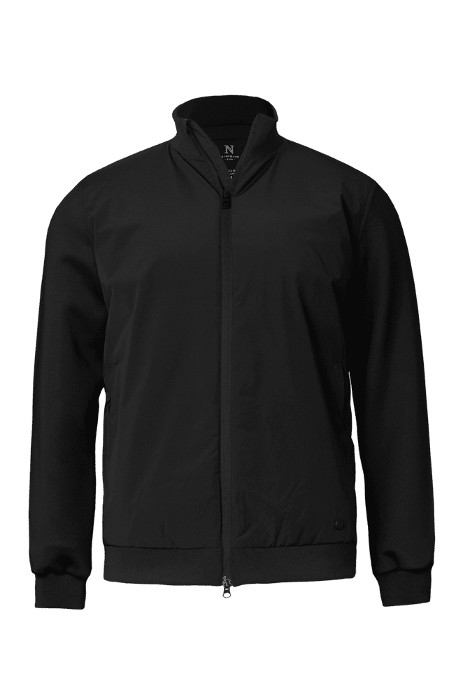 A black hybrid jacket featuring a zip front and a collar, with a logo on the chest area.