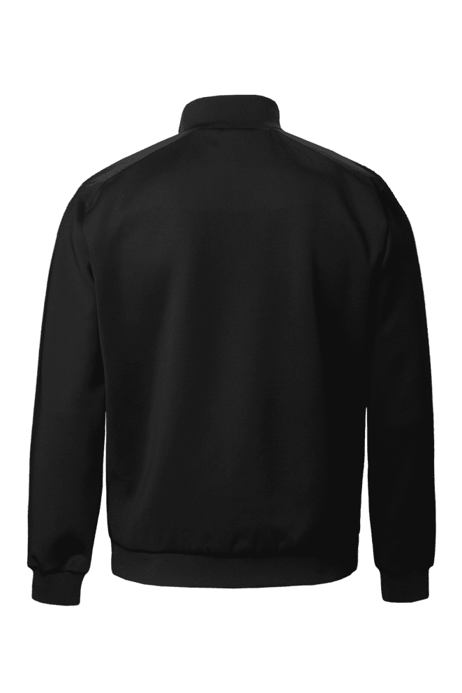 A black hybrid jacket with a high collar and long sleeves, featuring a branding logo.
