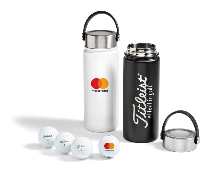 A drink bottle in white and black with a silver lid, featuring golf balls and a logo.