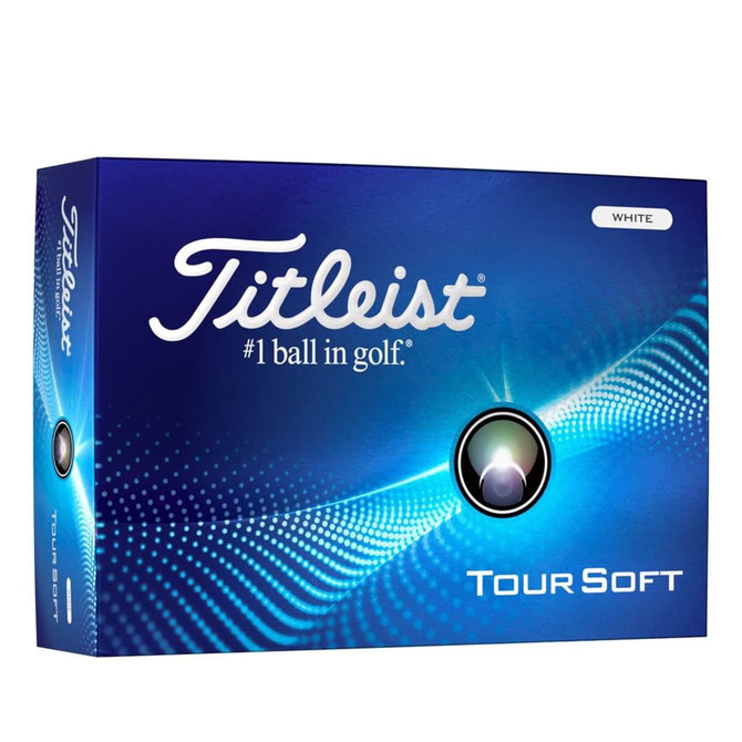 A box of Titleist Tour Soft golf balls in white, featuring a logo and a sleek blue wave design.