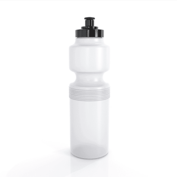 A drink bottle in clear plastic with a black cap and grip band, holding 750ml. Features a logo on the side.