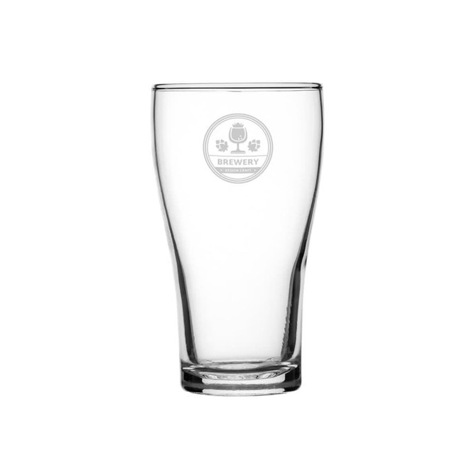 A clear glass beer glass with a conical shape, featuring a logo on its surface.