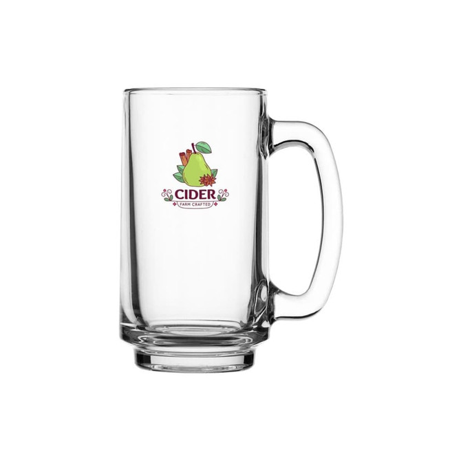 A clear glass beer mug featuring a sturdy handle and a coloured logo on the front.