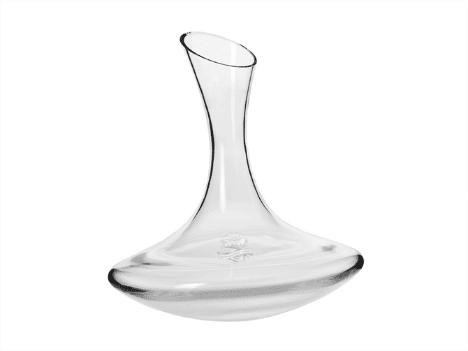 A glass wine carafe with an elegant, curvy design, featuring a clear finish and a logo.
