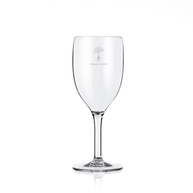 A clear plastic wine glass with a stem, featuring a logo on its side. Suitable for beverages.