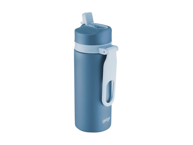 A drink bottle in blue with a light blue lid and handle, featuring a logo on the body. It's a double wall design.