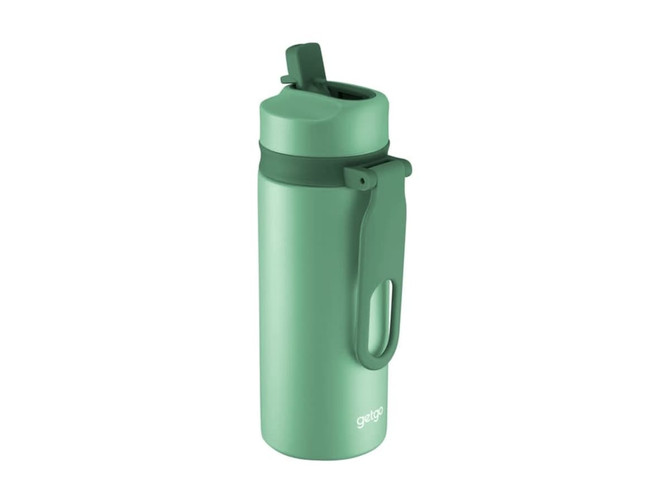 A drink bottle in a soft green shade, featuring double wall insulation and a convenient carry handle.