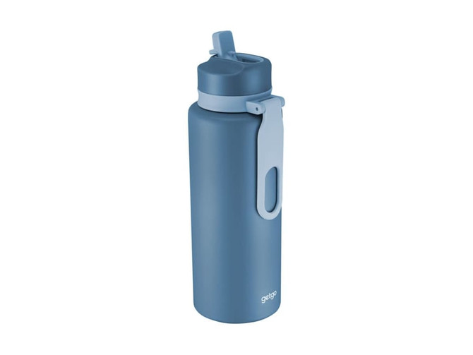 A drink bottle in a blue colour with a double wall design, featuring a lid and a handle. It has a logo.