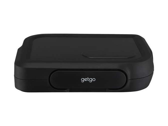 A black bento box with a sleek design and a logo on the front.