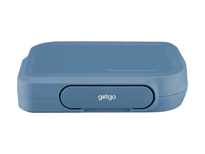 A medium bento box in a soft blue colour with a secure lid and a small logo on the front.