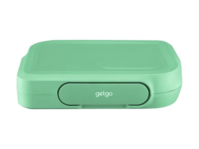 A mint green bento box with a secure lid and a branding logo on the front.