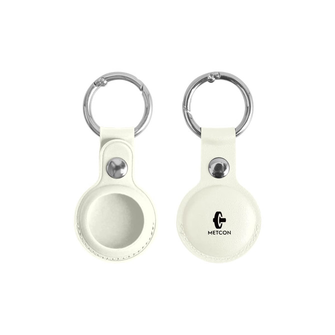 A white PU leather AirTag holder with a keyring and a logo, displayed from two angles.