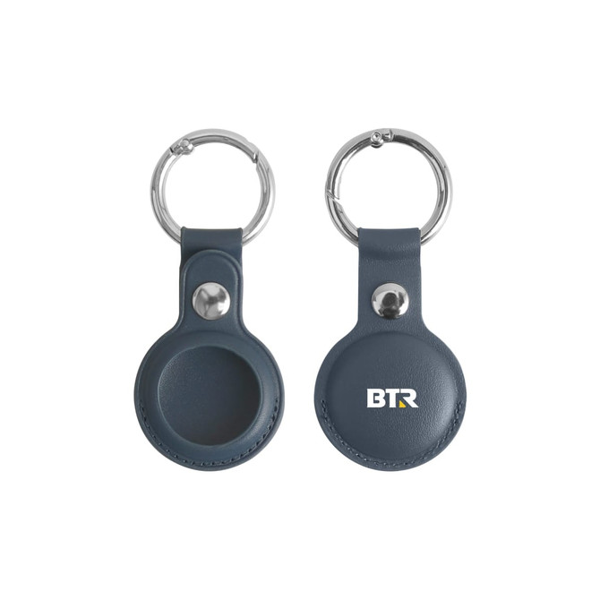 A PU leather AirTag holder in navy blue with a keyring attachment, featuring a logo.