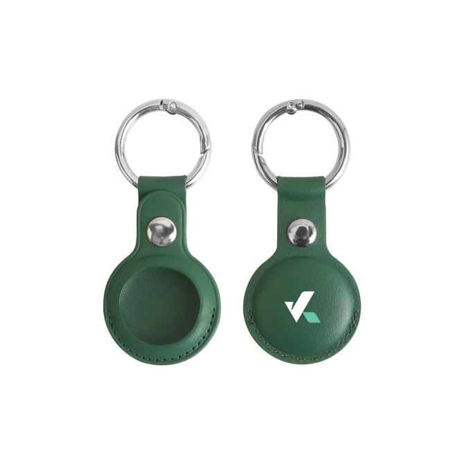 A green PU leather AirTag holder with a silver keyring and a logo on one side.