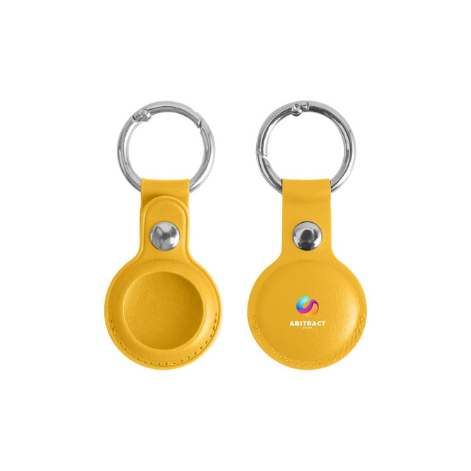 A yellow PU leather AirTag holder with a keyring, featuring a branding logo.
