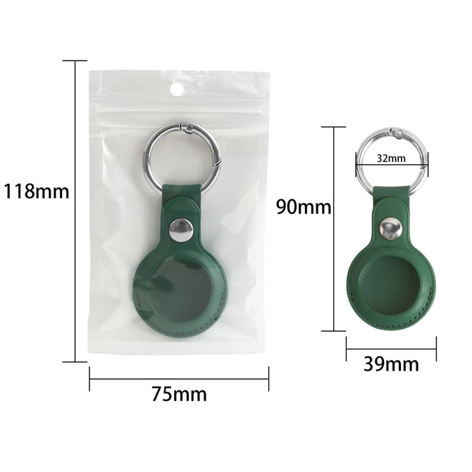 A green PU leather AirTag holder with a keyring, displayed in a transparent packaging.
