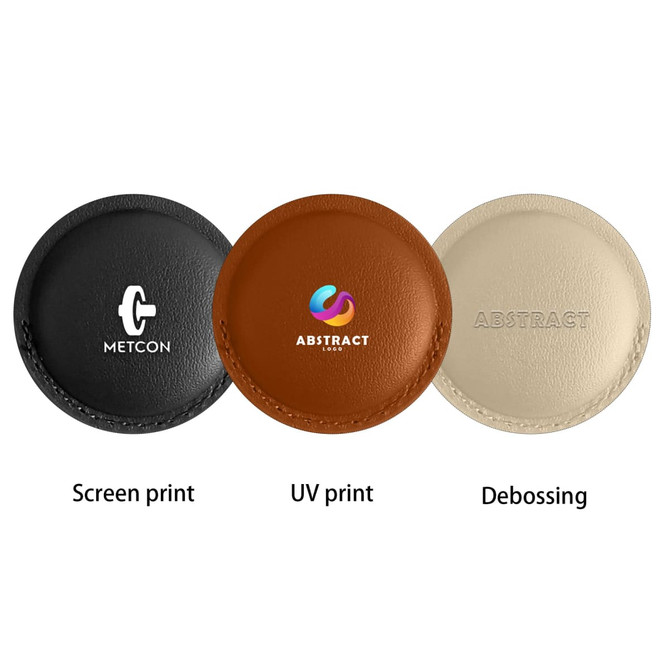 Three PU leather AirTag holders in black, brown, and cream, each featuring different printing techniques and a logo.