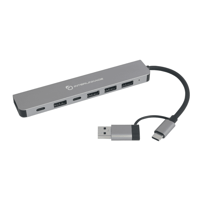 A silver 7-in-1 USB hub featuring multiple ports, including USB and USB-C connections, with a cable attached.