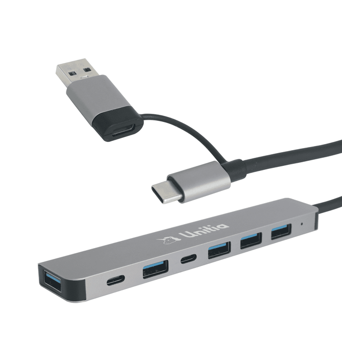 A silver 7-in-1 USB hub with multiple ports and a USB cable connected, featuring a logo.