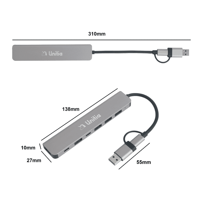 A silver 7 in 1 USB hub with multiple ports, featuring a connector cable. It has a logo and dimensions indicated.