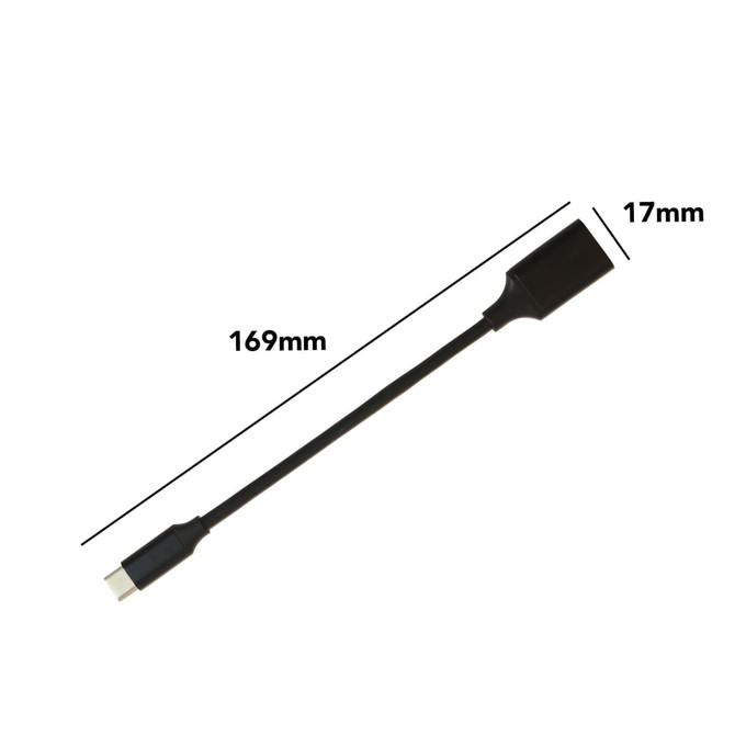 A black USB 3.0 to USB C OTG adapter with a length of 169mm and width of 17mm.