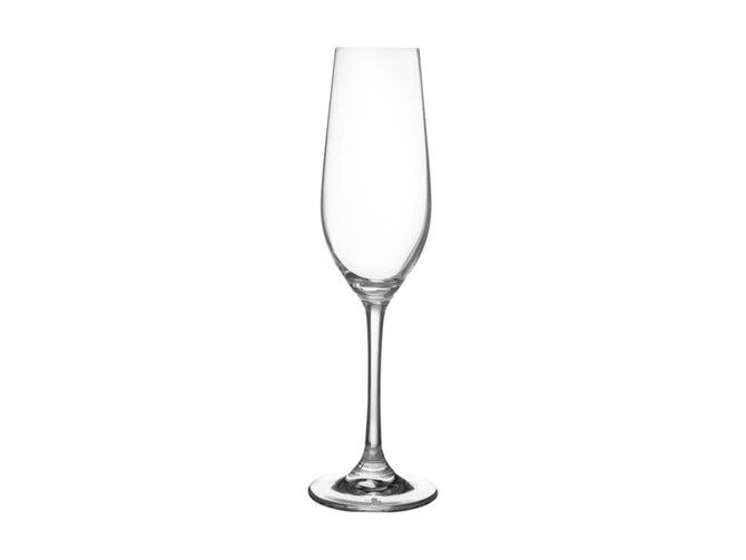 A sleek, clear glass flute with a tall stem, suitable for champagne or sparkling drinks.