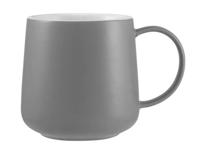 A grey coffee mug with a sleek design and a white interior, featuring a handle. It includes branding.