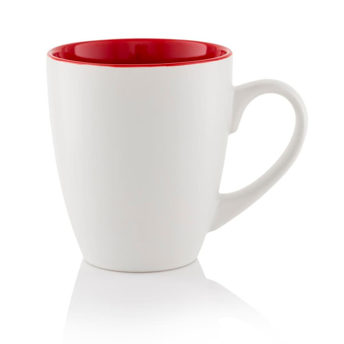 A white mug with a red interior and handle, featuring a simple design and a logo.