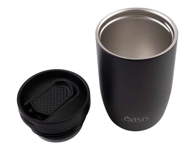 A drink bottle featuring a black insulated design, with a removable leakproof lid and a stainless steel interior.
