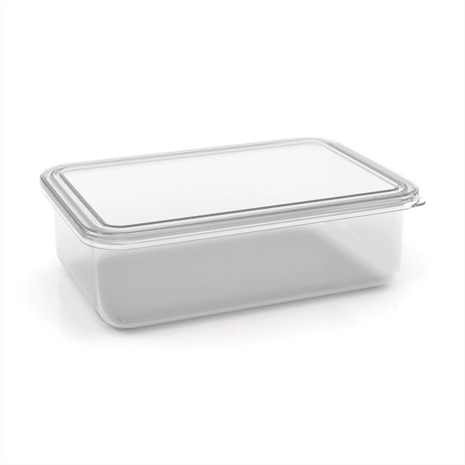 A clear, rectangular lunch box with a transparent lid, featuring a simple design and smooth edges.