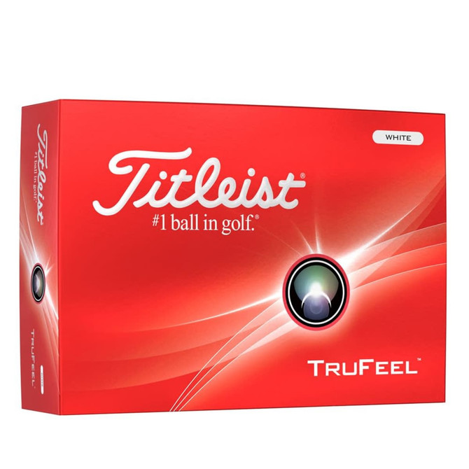A box of Titleist TruFeel golf balls in white, featuring a prominent logo and a sleek red design.