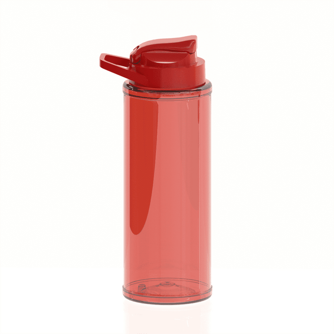 A drink bottle in transparent red with a red lid and a flip-top spout. Features a logo on the side.