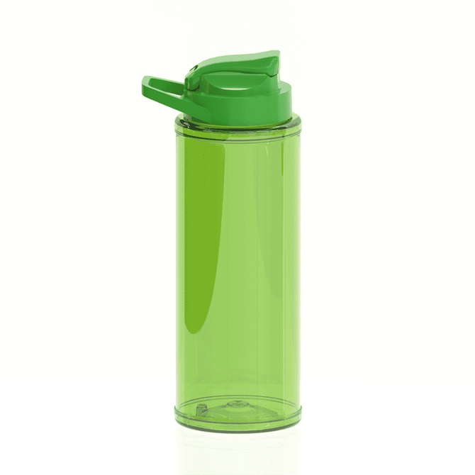 A drink bottle in vibrant green with a flip-top lid and a logo. It has a transparent body to view contents.