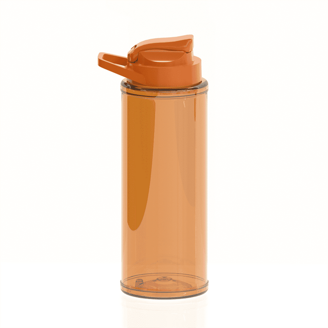 A drink bottle with a transparent orange body and an orange flip-top lid. It features a logo on the side.