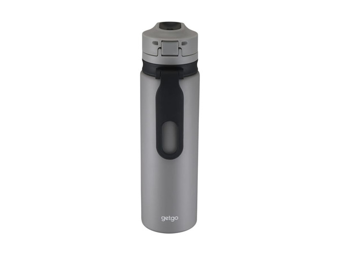 A drink bottle in grey with a black lid, featuring a logo and a double wall for insulation.
