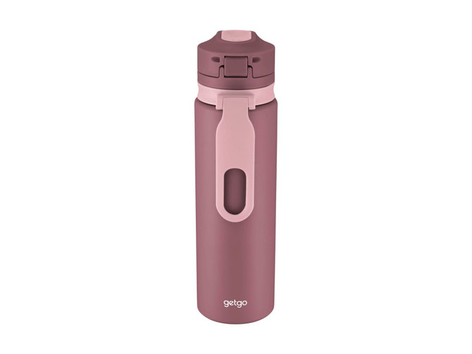 A drink bottle with a pink lid and a matte mauve body, featuring a logo and a room for easy grip.