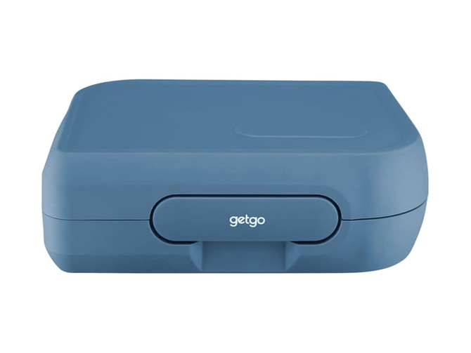 A large blue bento box with a secure latch and a logo, featuring a smooth, rounded design.