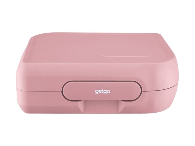 A pink Bento Box with a smooth finish and a clasp closure, featuring a logo on the front.